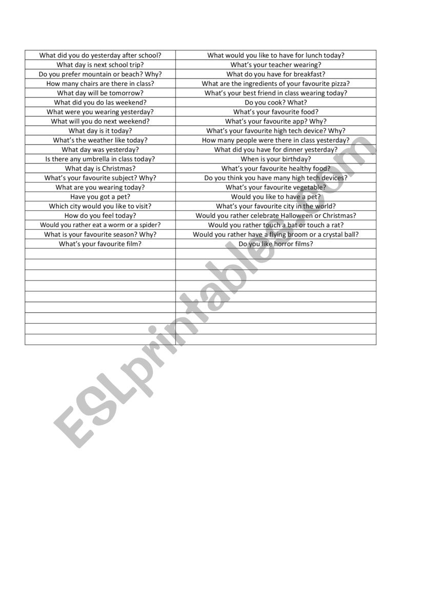 questions worksheet