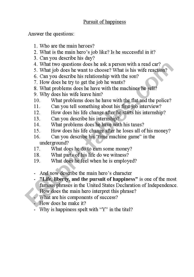 a pursuit of happYness worksheet