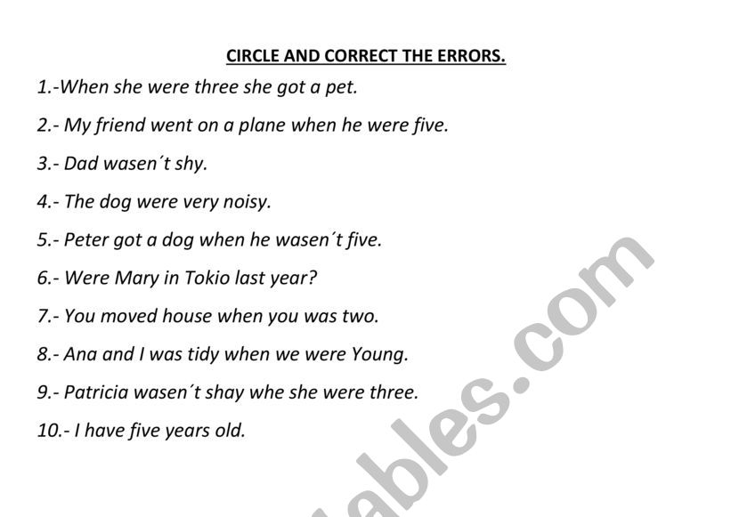 PAST OF VERB TO BE (WAS/WERE) worksheet