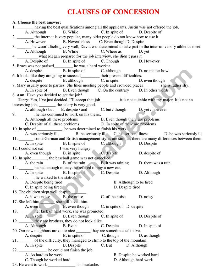 Clause concession 1/2 worksheet