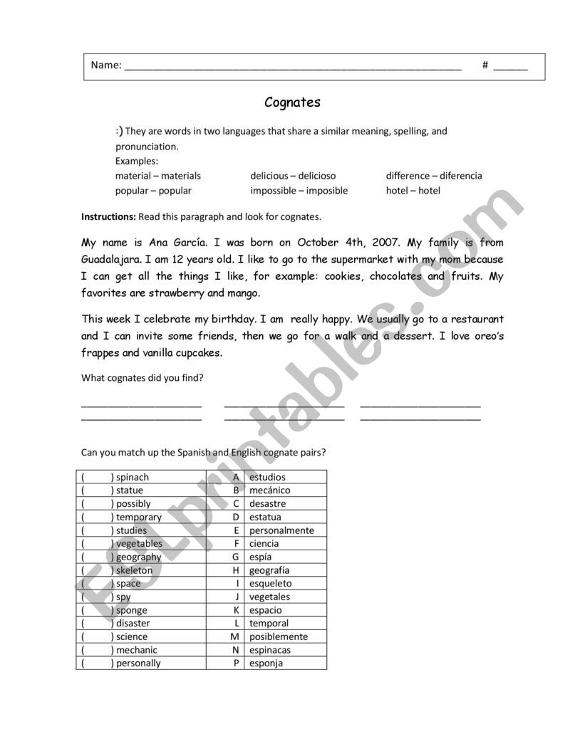 CognatES worksheet