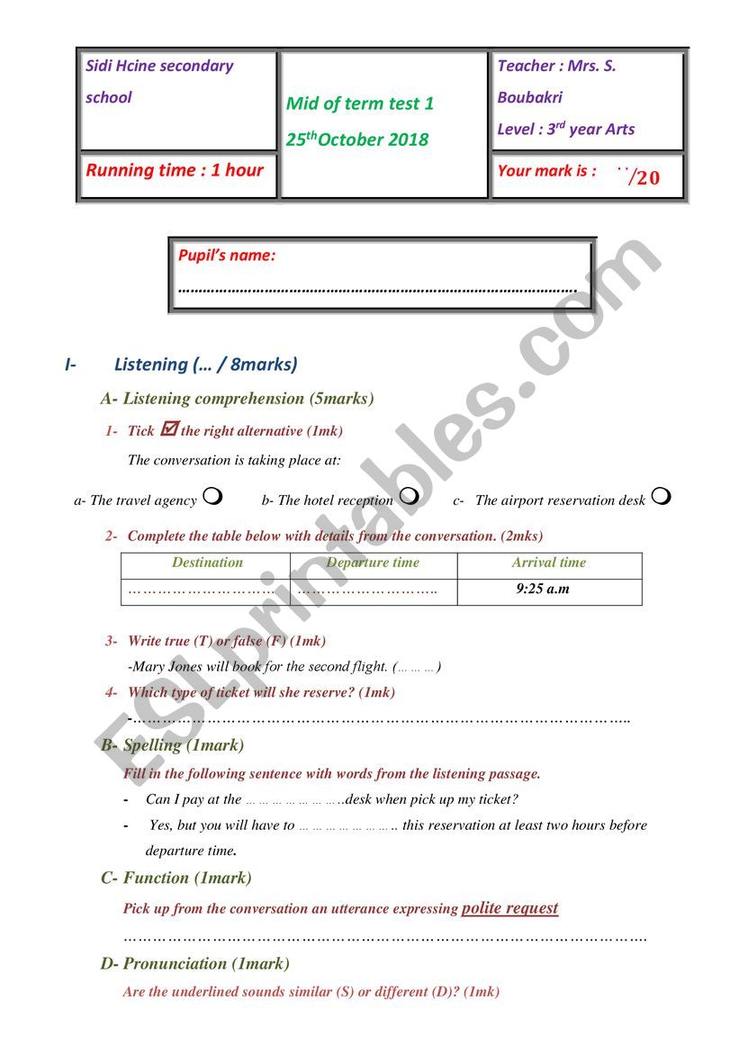 Mid term Test 2 third year worksheet