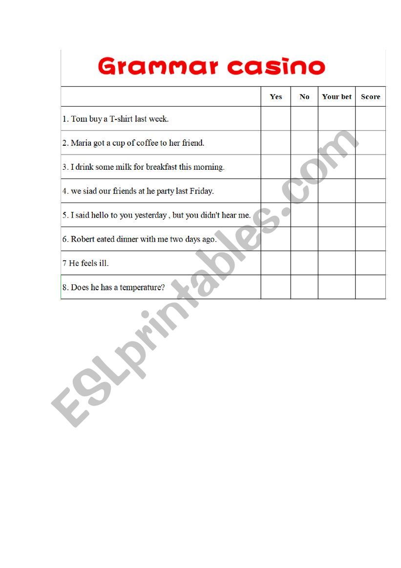 grammar casino past tense worksheet