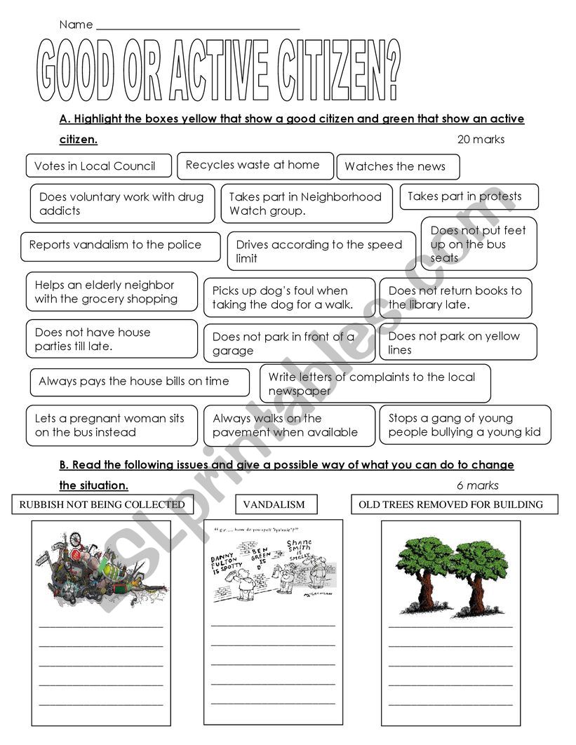 Active or Good citizen worksheet