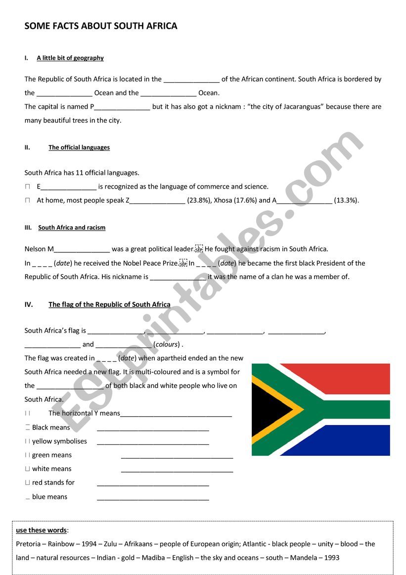 Souh Africa gap fill activity worksheet