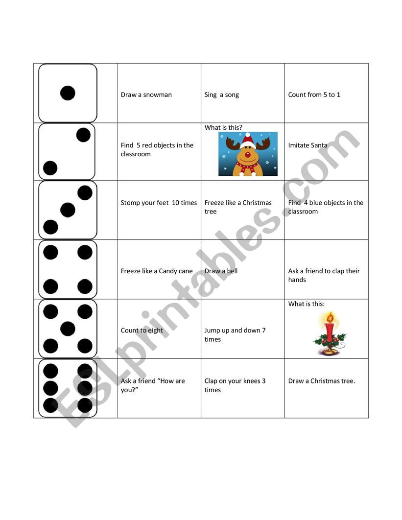 Christmas dice game worksheet