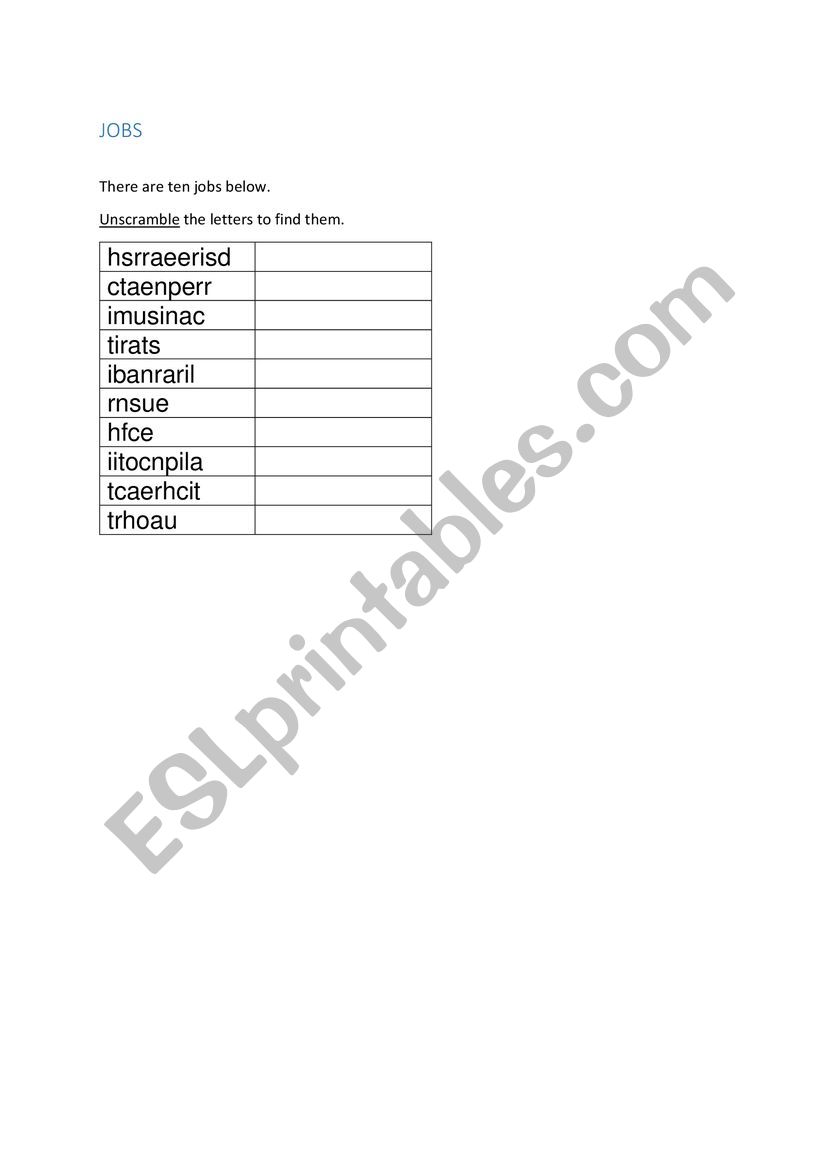 Jobs worksheet