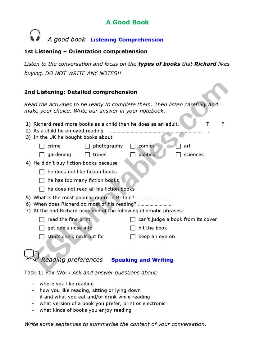 A Good Book worksheet