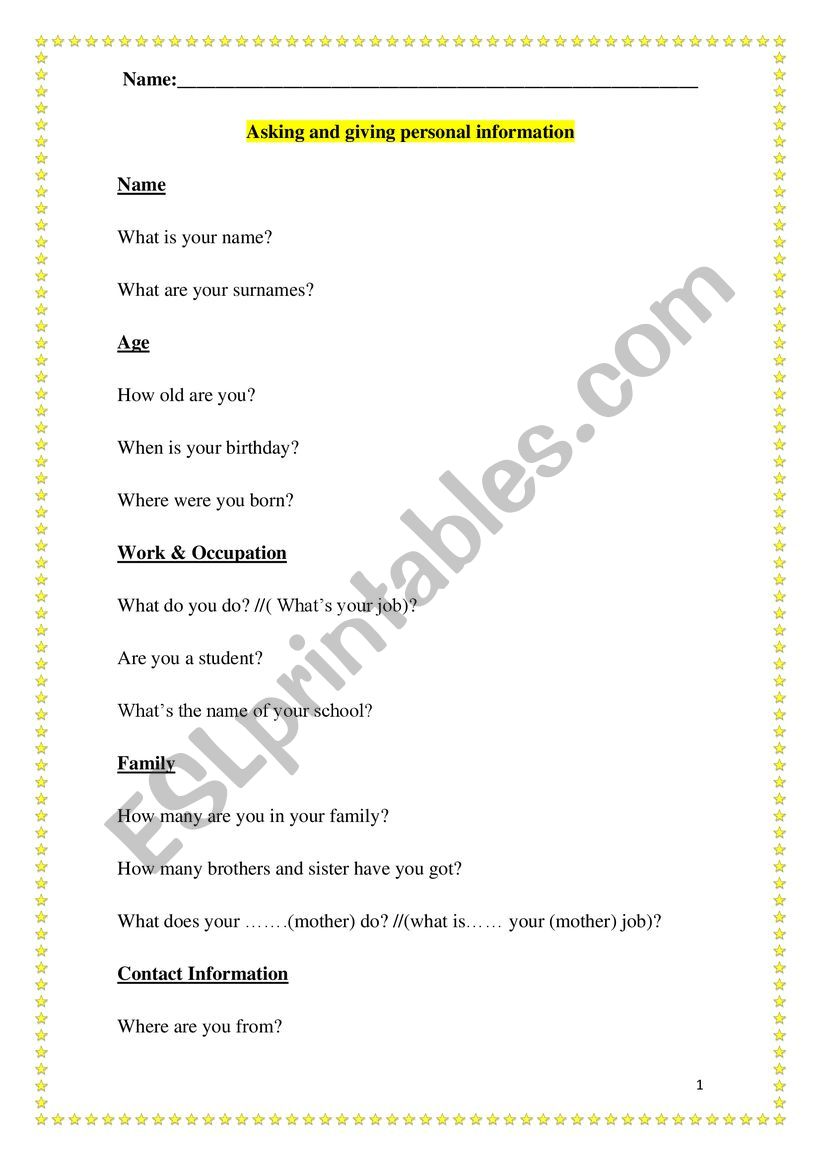 personal information questions special education