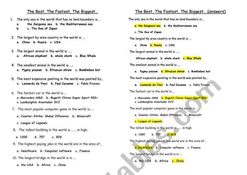 Facts about the world worksheet