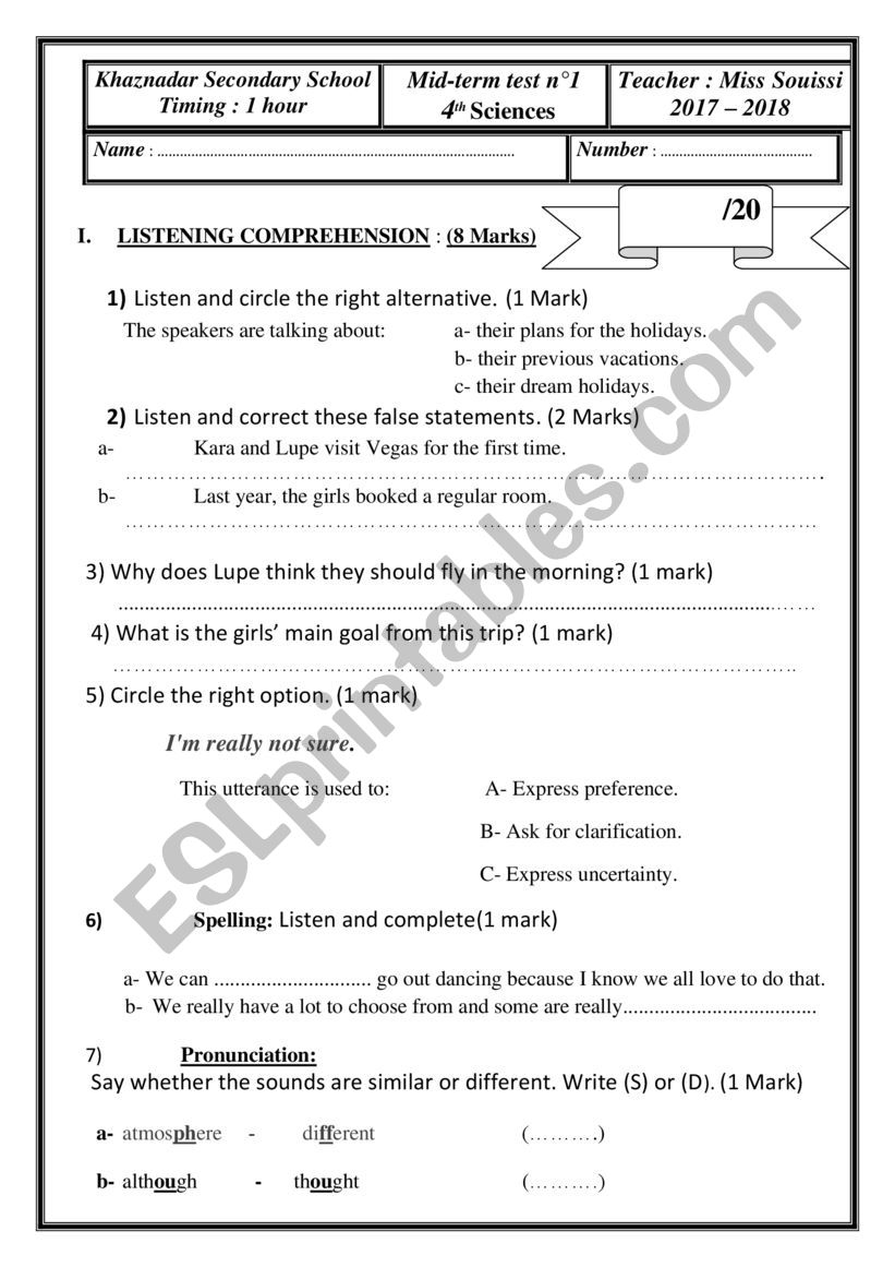 mid term test for 3rd formers worksheet