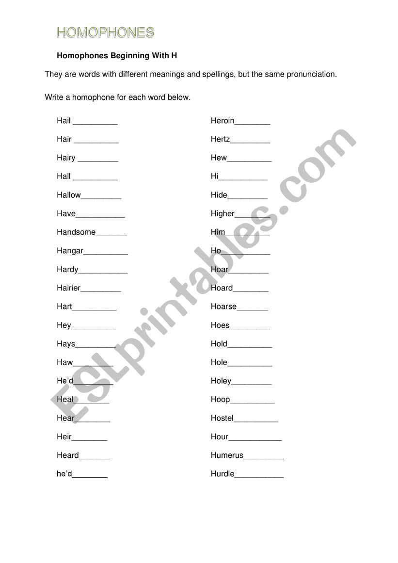 Homophones with H worksheet