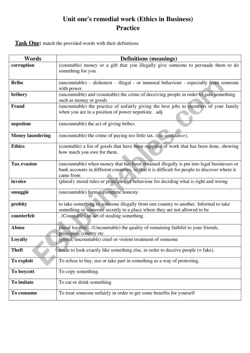 ethics in business worksheet