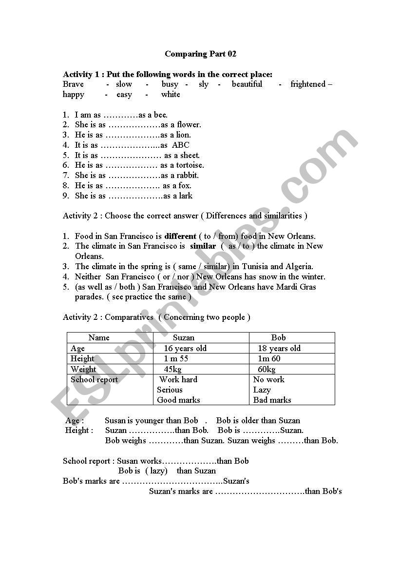 compartive Part02 worksheet