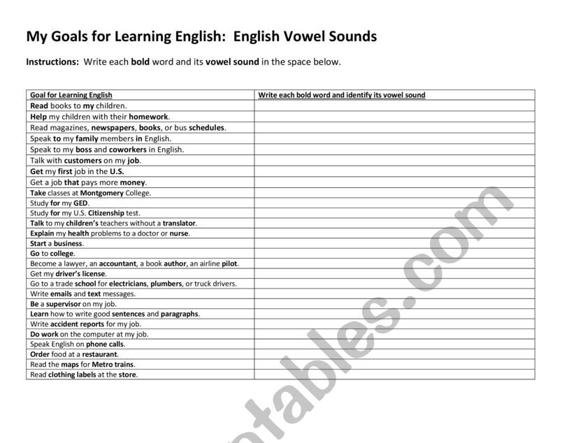 My Goals for English worksheet