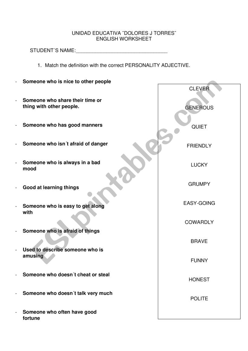 PERSONALITY ADJECTIVES MATCHING ACTIVITY