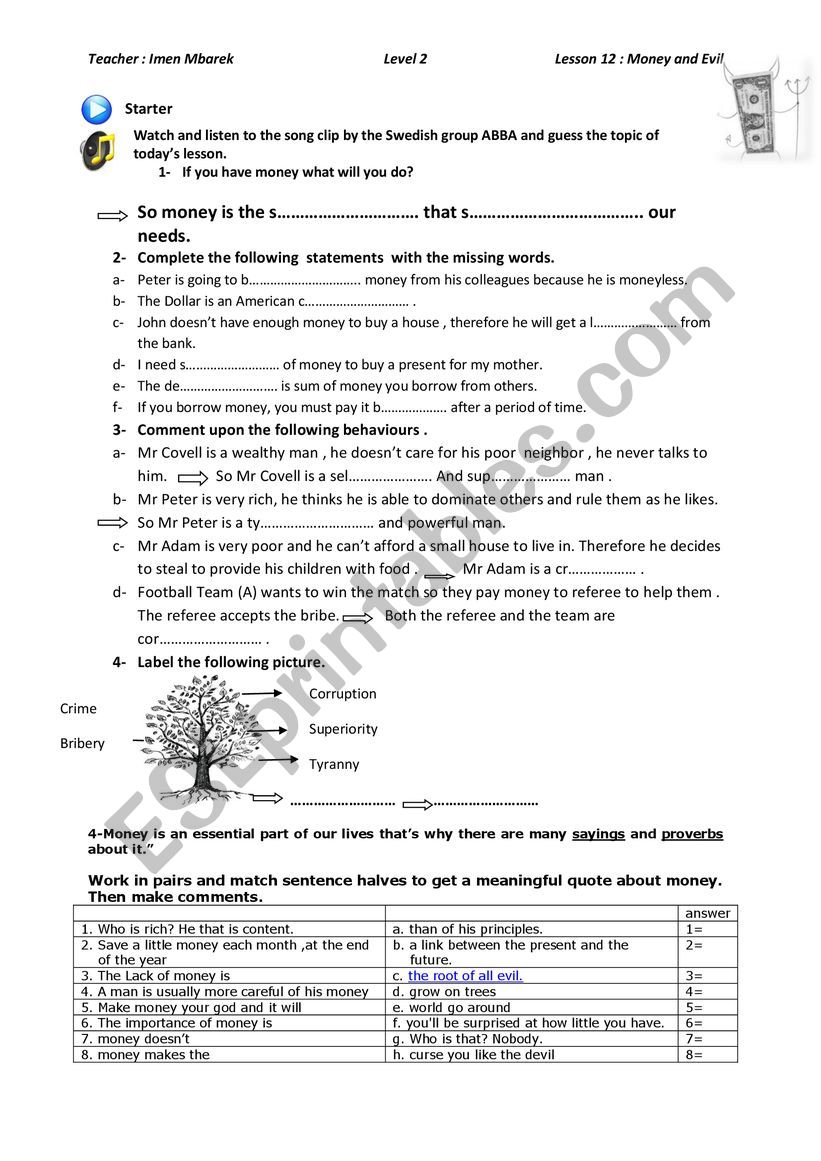 Money and evil worksheet