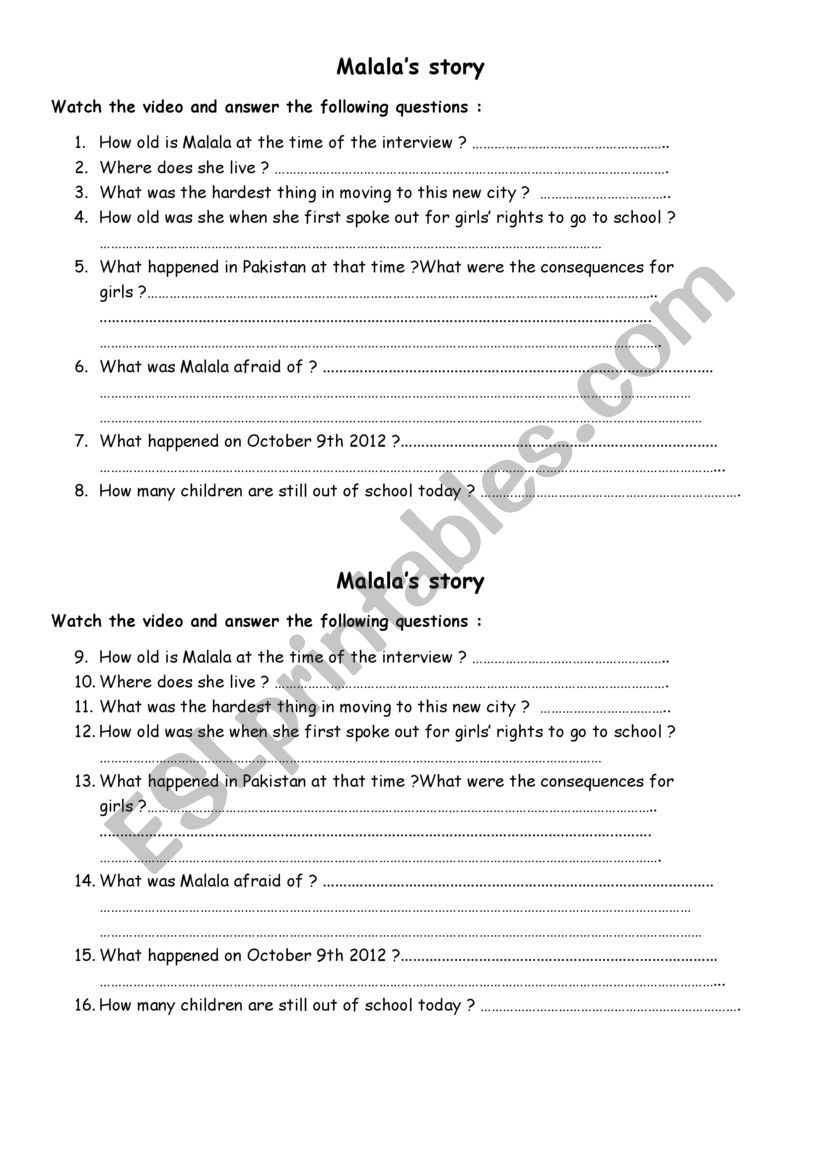 Malala�s story worksheet