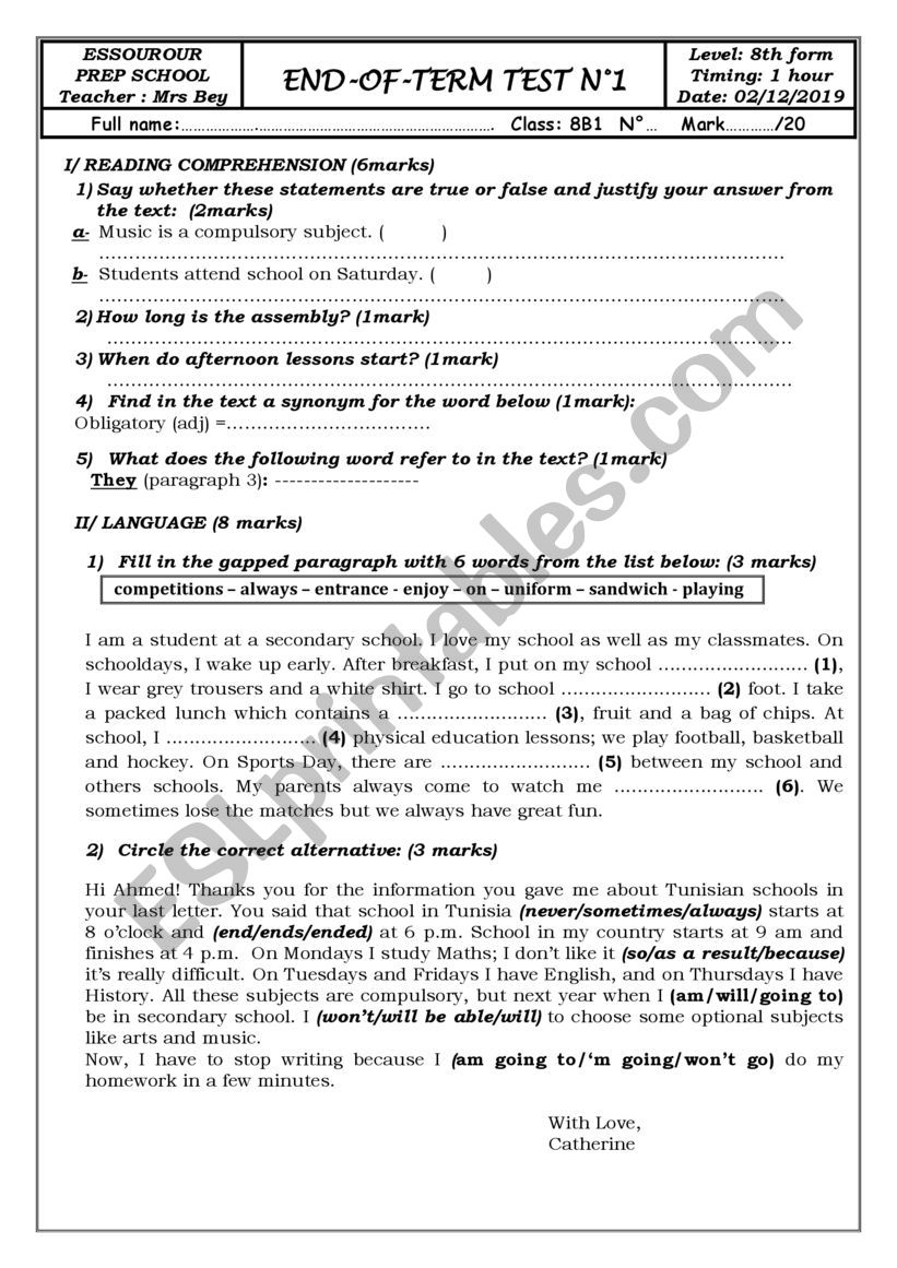 global test 8th form worksheet