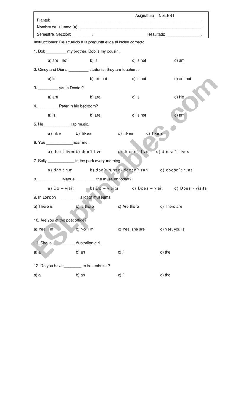 Basic English Diagnostic worksheet