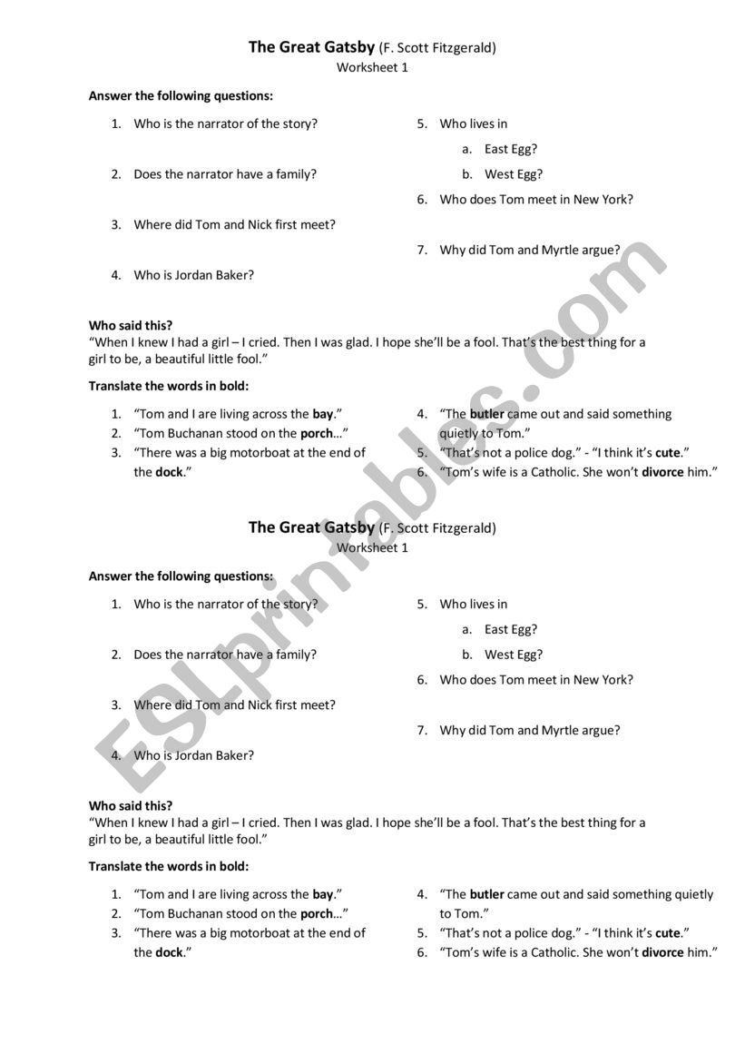 Great Gatsby: reading comprehension questions (Ch 1-2)