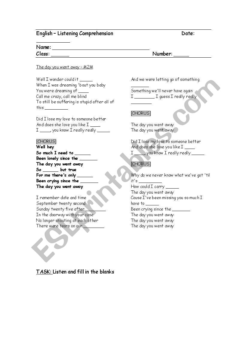 Worksheet (Song M2M - The day you went away)