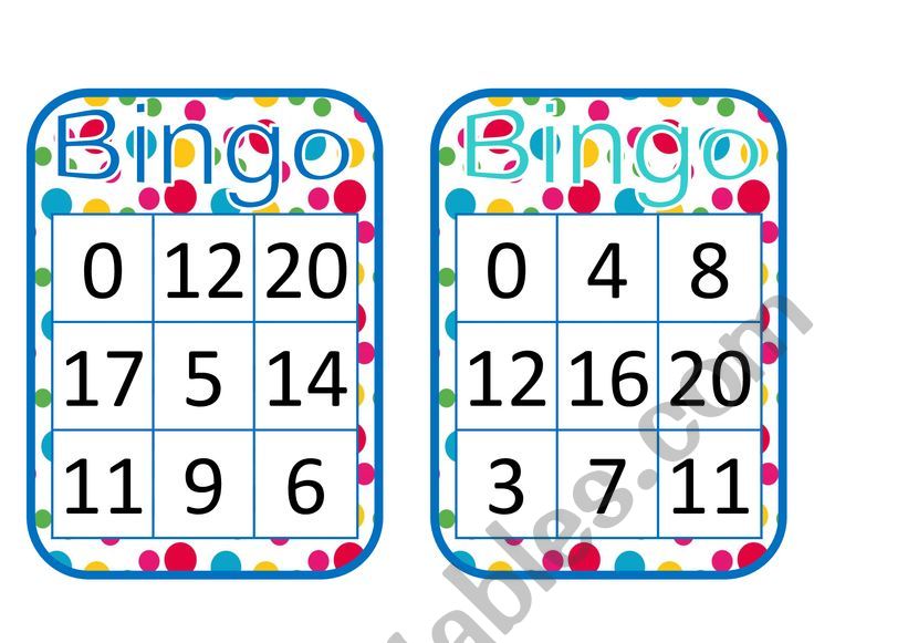 BINGO CARDS - Cardinal Numbers 0-20