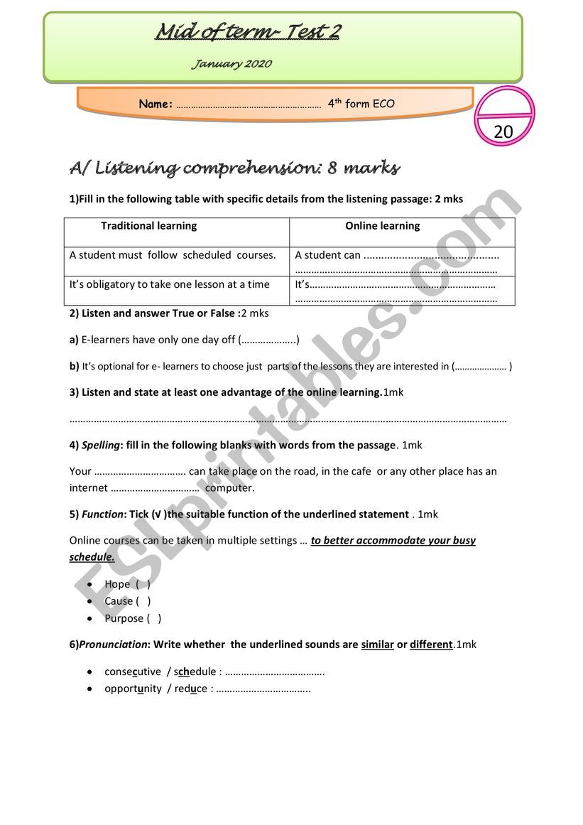 Mid of term Test n°2 / 4th form - ESL worksheet by Batta tounsi