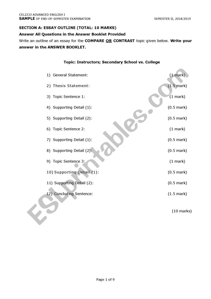 Essay Outline, Grammar & Reading Comprehension Practice