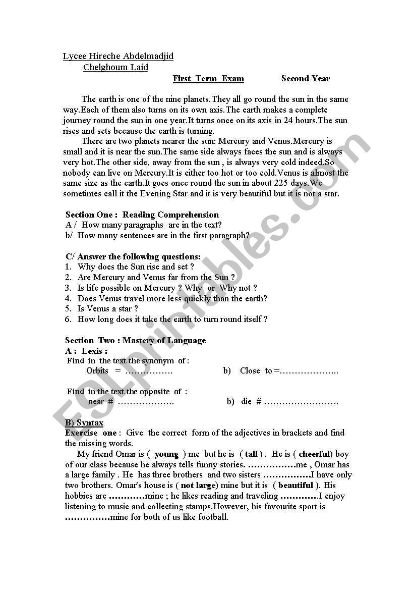 solar system test worksheet