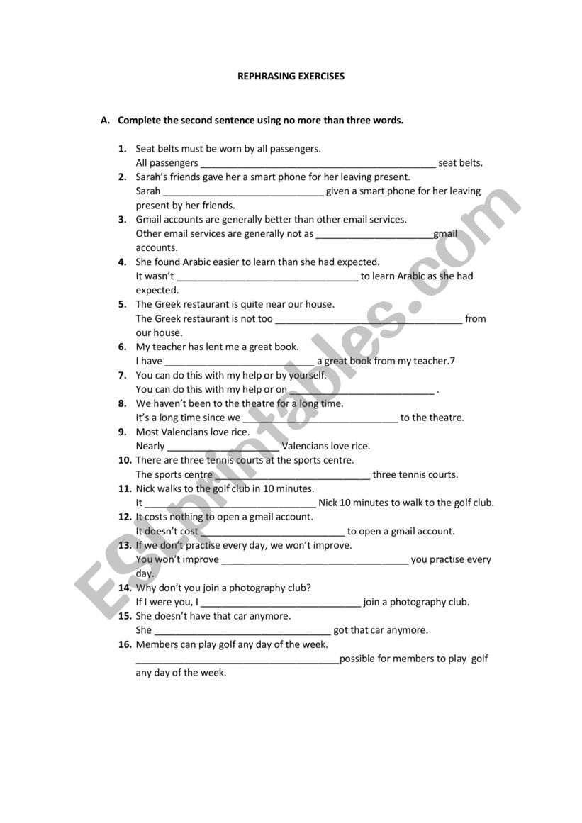 Rephrasing exercises worksheet