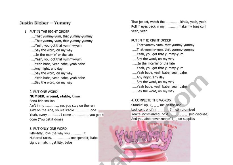 JUSTIN BIEBER- YUMMY SONG worksheet