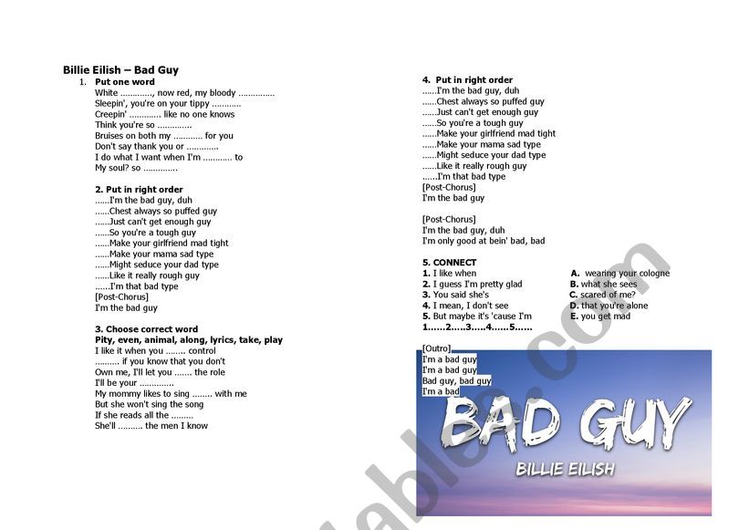 BILLIE ELLISH BAD GUY SONG worksheet