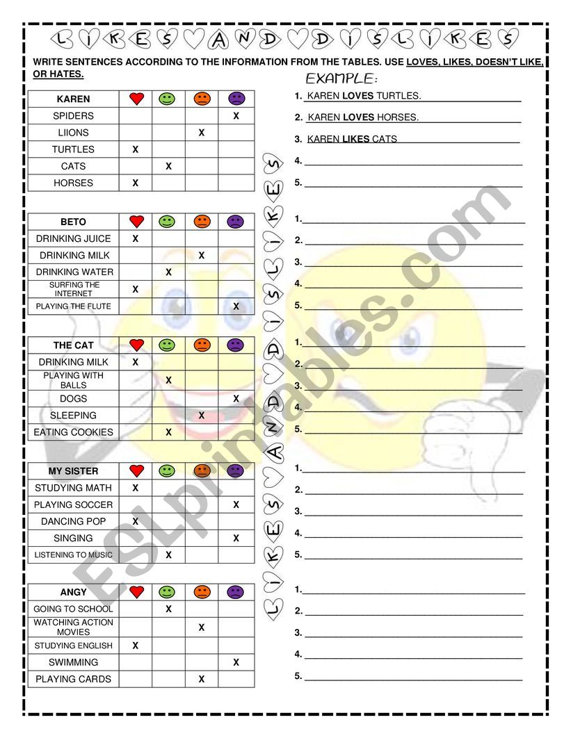 LIKES AND DISLIKES worksheet