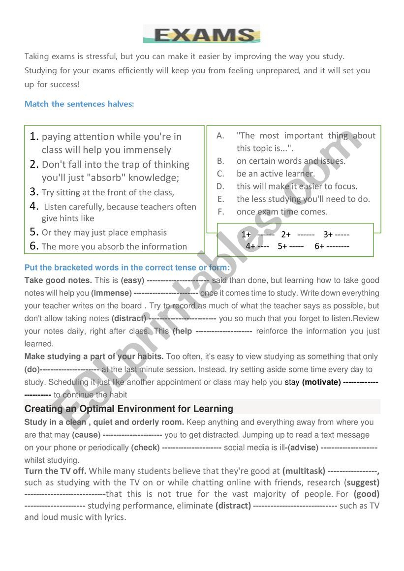 HOW to review for exams worksheet