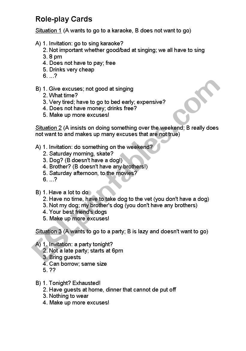 role play cards worksheet