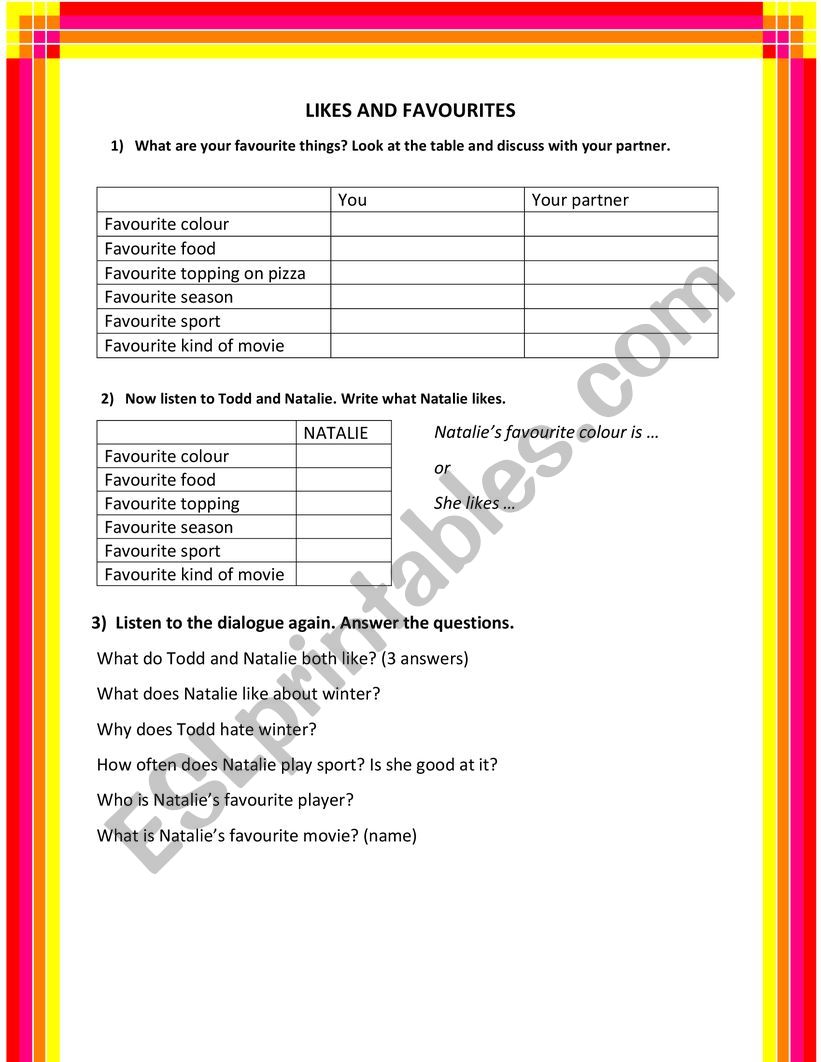 Likes and favourites worksheet