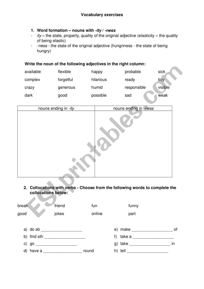 Nouns ending in -ity or -ness and collocations with verbs