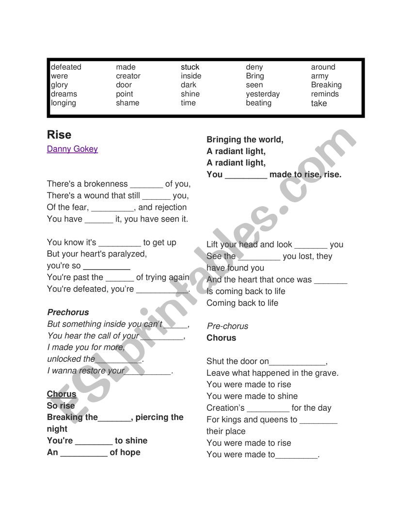 �Rise�-Danny Gokey Song fill in the blank worksheet