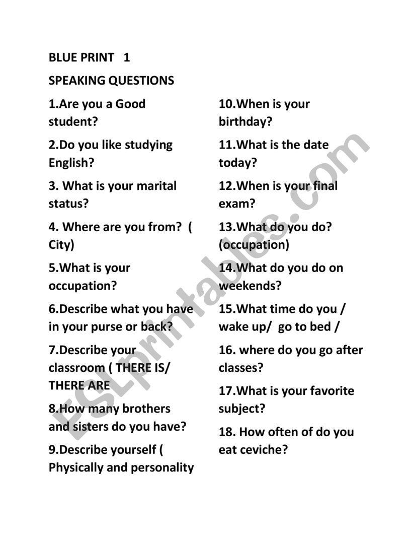 SPEAKING QUESTIONS BLUE PRINT 1