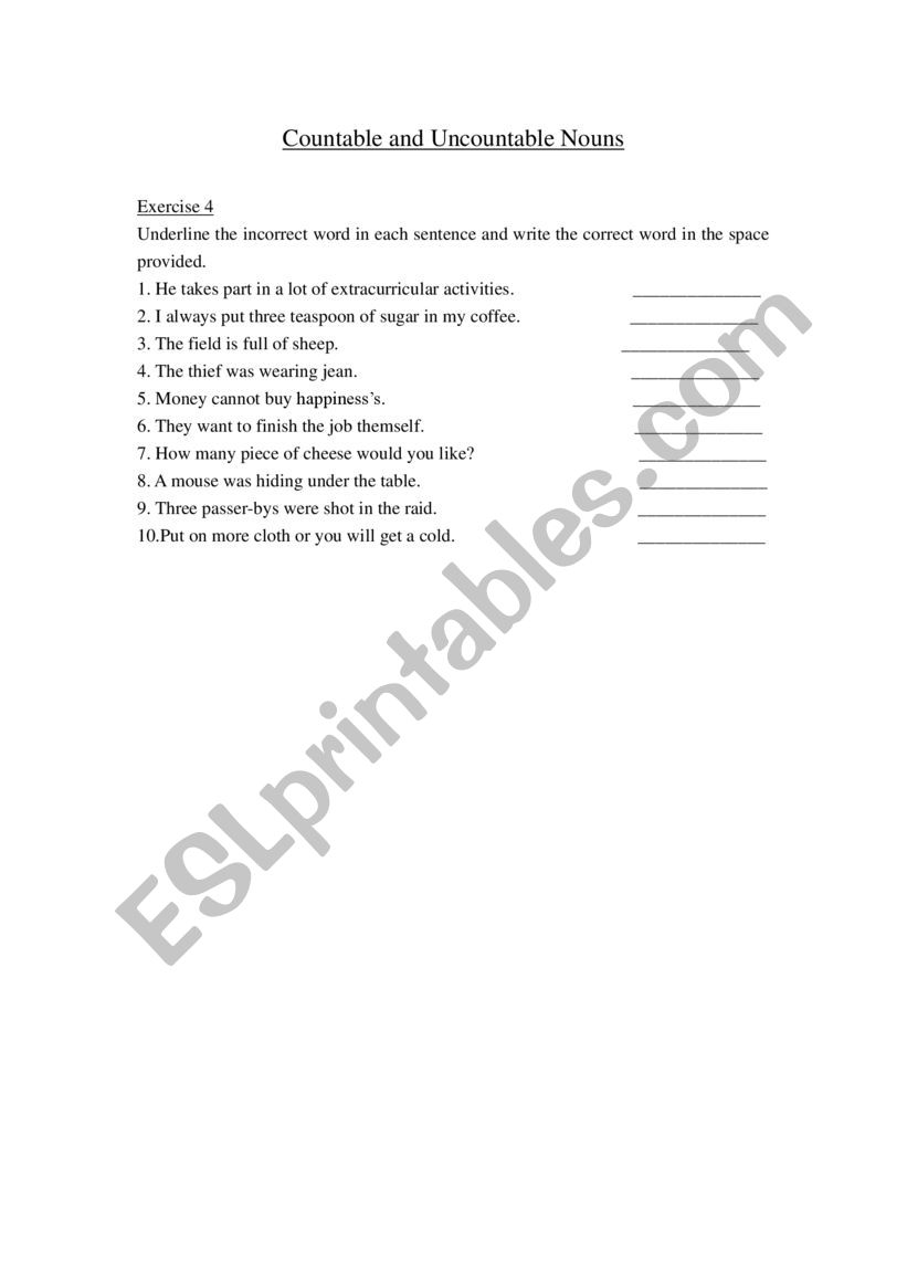 Count and Uncountable noun worksheet