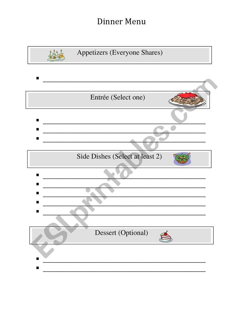 Dinner Menu worksheet