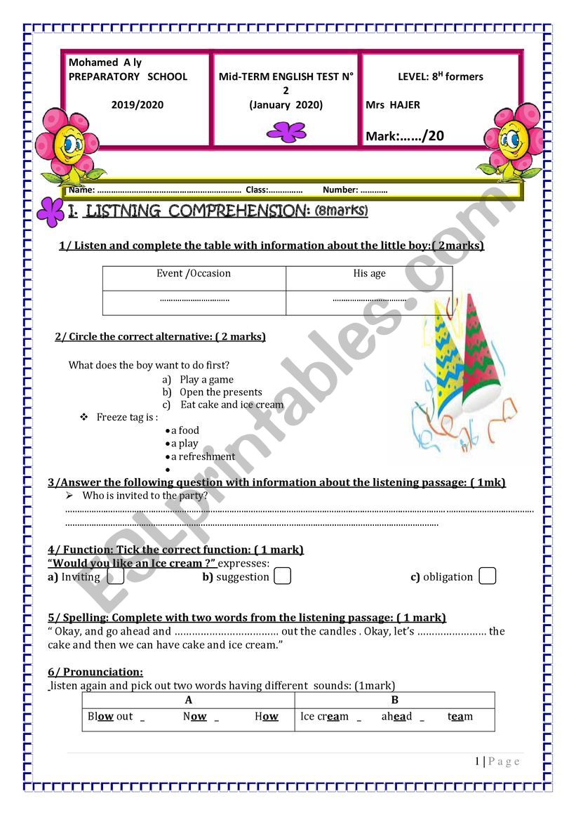 Mid test N2 For 8th form worksheet