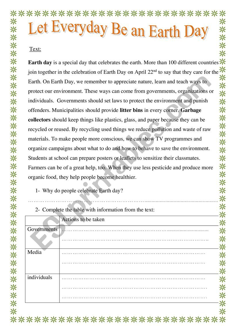 let everyday be an earth day  worksheet
