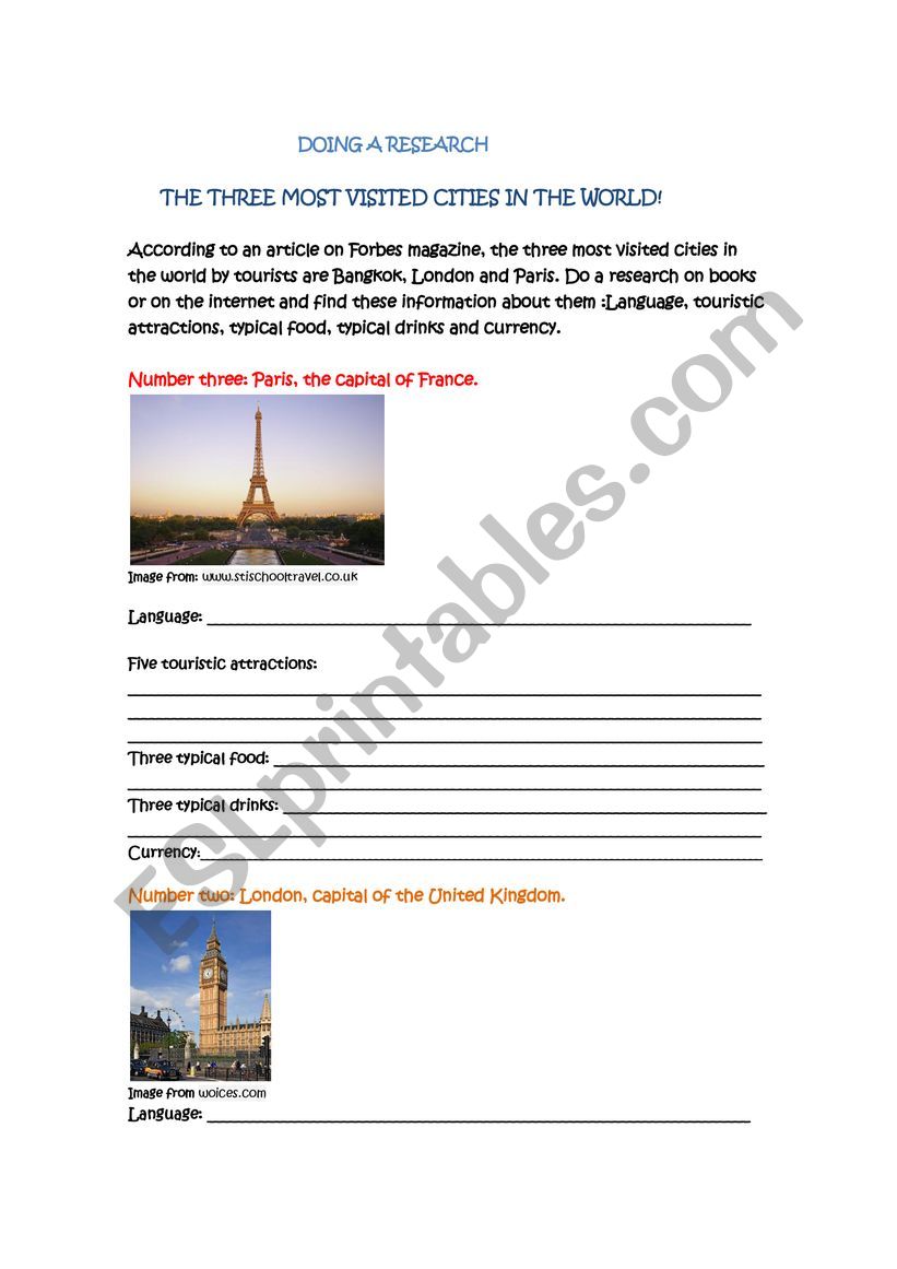 most visited cities worksheet