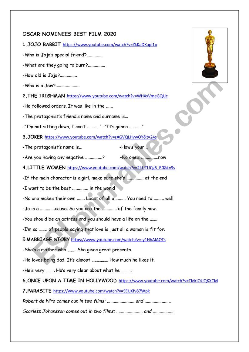 Oscar Nominees Best Film 2020 worksheet