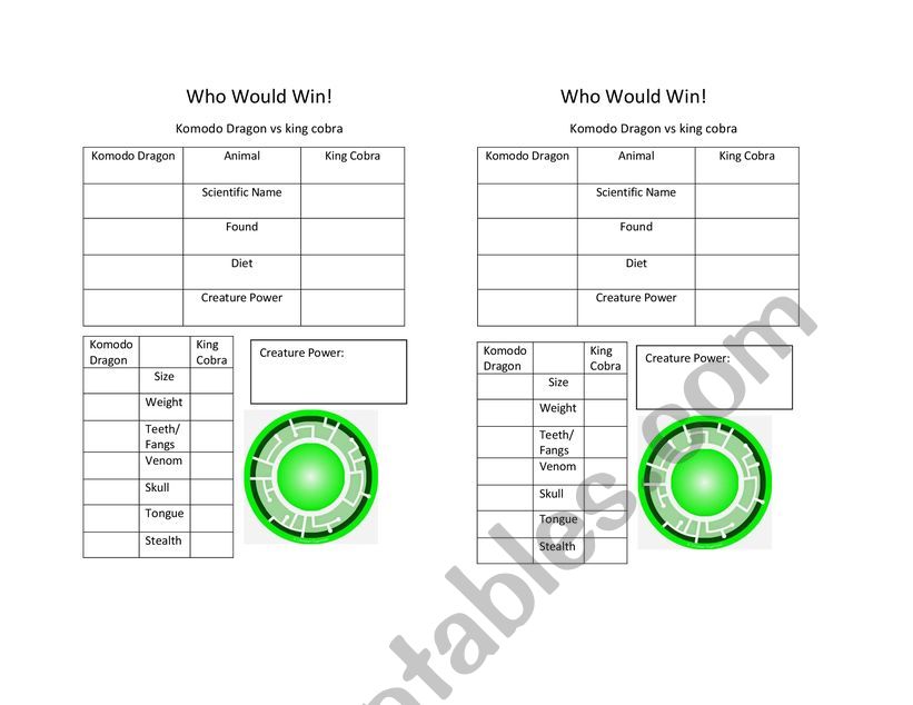 Komodo Dragon vs king cobra worksheet