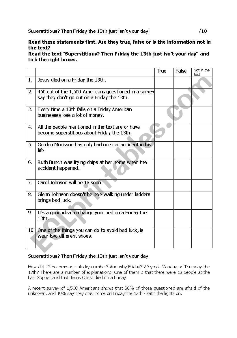 Superstition reading worksheet