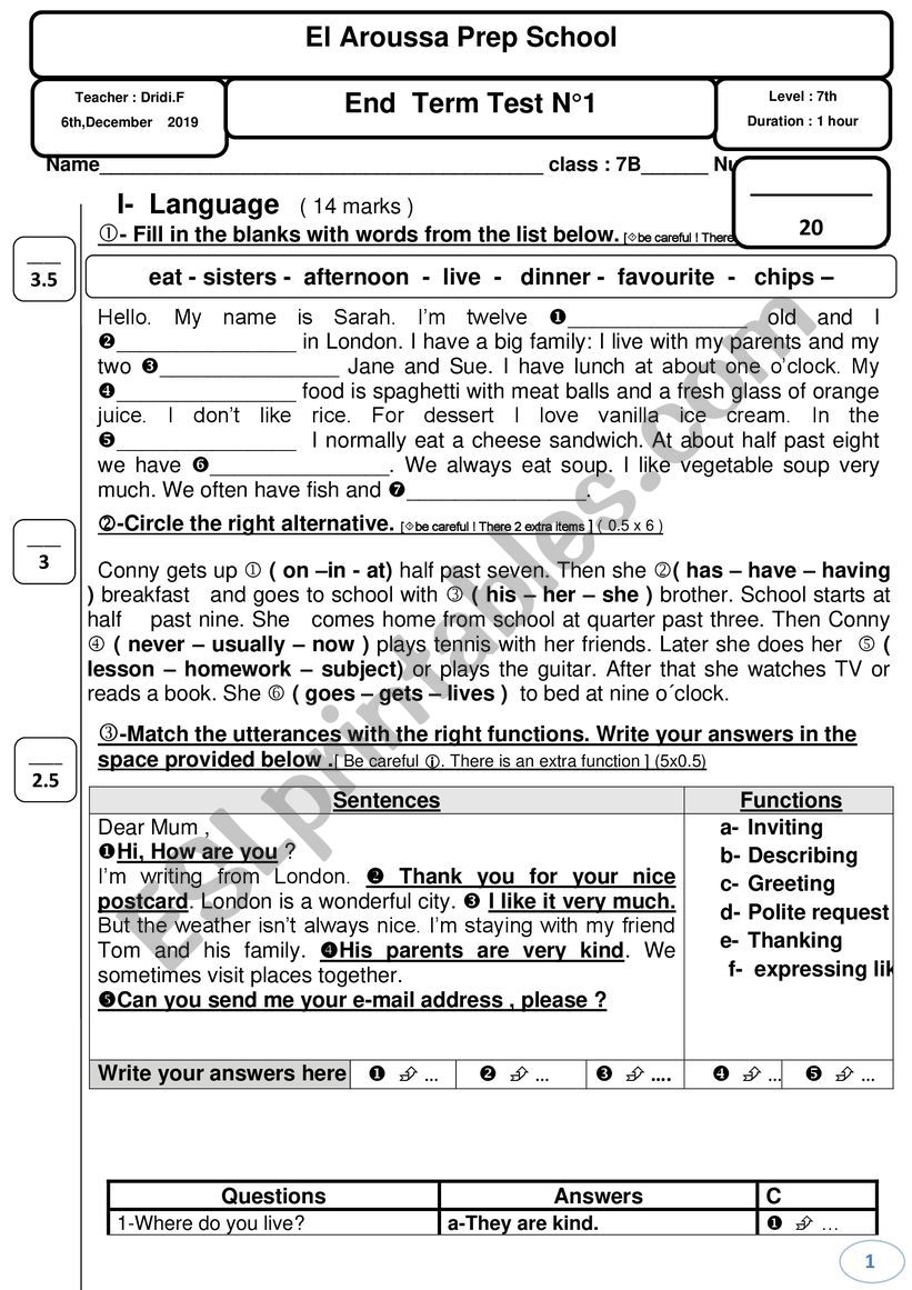 End of Term Test 1  7th worksheet