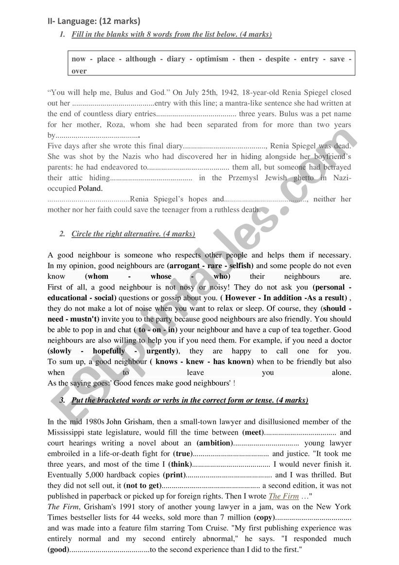 Mid-term exam 1st form worksheet